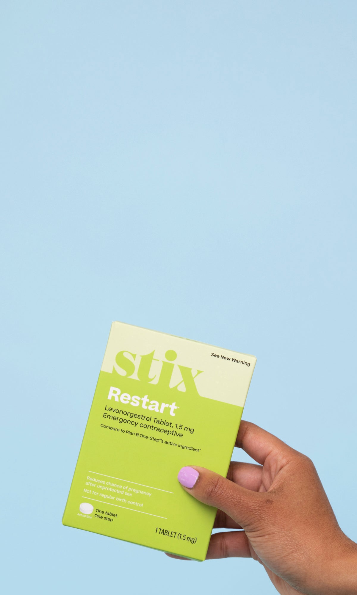 Restart™ morning-after pill in hand with blue background